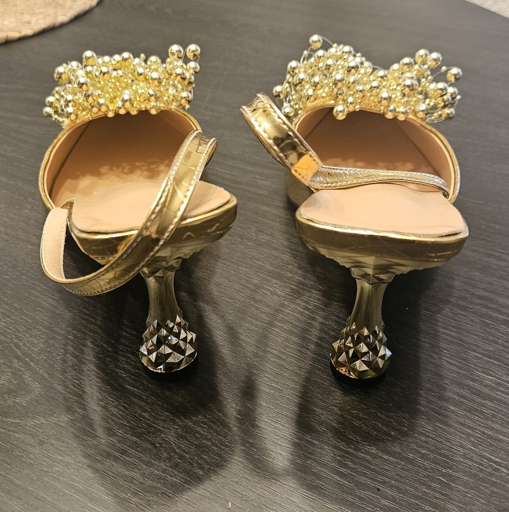Gold Beaded Pointed Slingback Heels - Picture 3 of 7